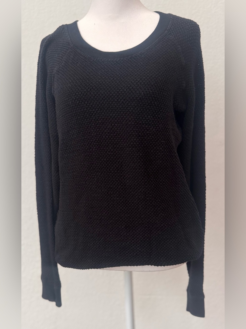 Monrow thermal texture semi sheer crewneck stretch knit black raglan sweater